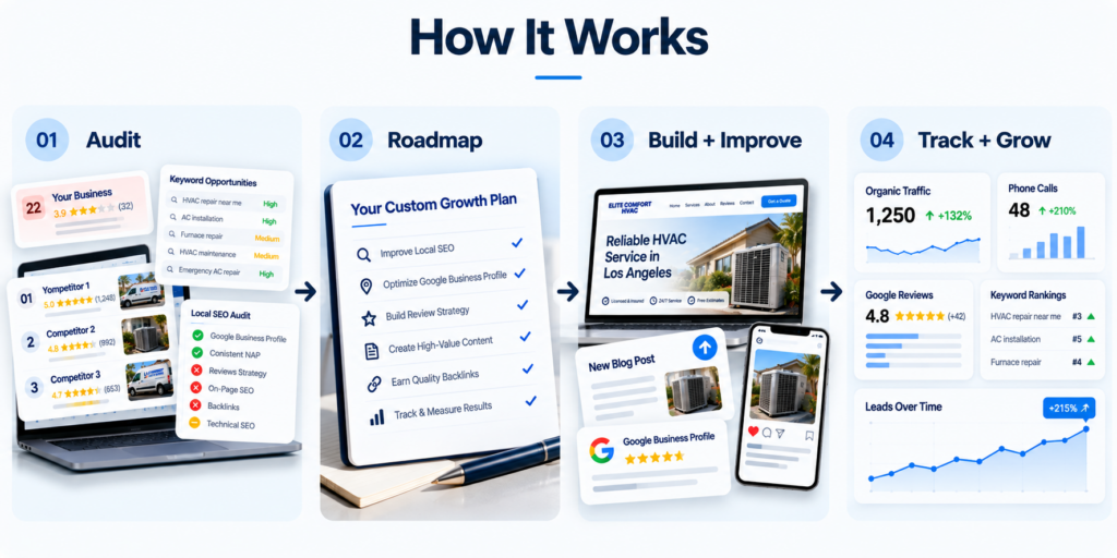 Organic Reach Studio four-step process from audit to roadmap, implementation, tracking, and growth